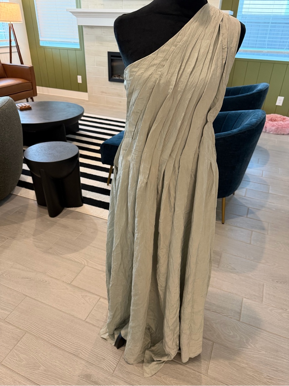 ABADIA One Shoulder Asymmetric Crinkled Pleated Light Khaki Sage Green 4 NWT - Picture 6 of 8